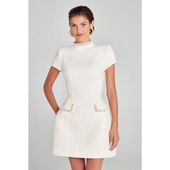 Nadine Merabi Womens Ivory Pearl Trim Chain Simone Tweed Mini Dress Size XL NWOT - Picture 1 of 11